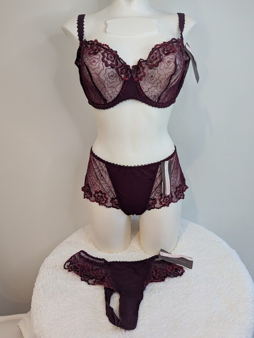 Simone Perele Floralies Burgundy Lace Bra Panty & Thong Set 36E / 4 (L) NWT
